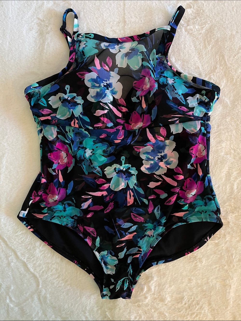Time & Tru Black Floral One-Piece Swimsuit  Sz 1X